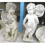 ARCHITECTURAL SALVAGE - PAIR OF RECONSTITUTED STONE STATUES OF CHILDREN HOLDING FRUIT AND FAUNA