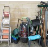 LARGE QUANTITY OF GARDEN TOOLS, 2 STEP LADDERS, GARDEN TROLLEY ETC