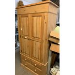 PINE DOUBLE WARDROBE WITH 2 SHORT, 1 LONG DRAWER