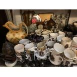 SHELF OF CORONATIONWARE, CLOCK, THIMBLES, ORNAMENTS, TUREEN ETC