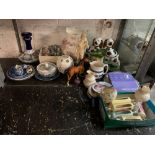 PART SHELF OF CHINA, STAFFORDSHIRE SPANIELS, JUG & OTHER CHINA COLLECTABLES