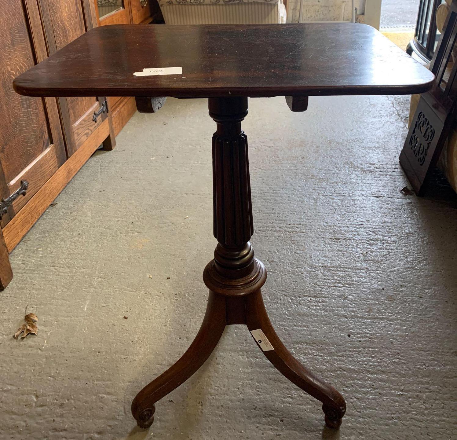 RECTANGULAR MAHOGANY TILT TOP TABLE ON 3 OUTSWEPT LEGS