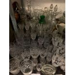 QUANTITY OF CUT GLASS DECANTERS, TUMBLERS, WATER JUG ETC