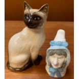 ROYAL DOULTON 'MRS CAUDLE' CANDLE SNUFFER & A ROYAL DOULTON FIGURE OF A SIAMESE CAT