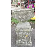 RECONSTITUTED STONE URN PLANTER ON BASE