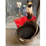 GLASSWARE, 2 CHINA CATS & BRASS COAL BUCKET