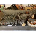 HALF SHELF OF GLASSWARE & CHINA PLATES