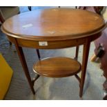 TWO TIER MAHOGANY INLAID OCCASIONAL TABLE & TAPESTRY