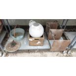 ARCHITECTURAL SALVAGE - 2 GLASS GLOBES, WATNEYS CRATE, 3 TIER METAL TABLE ETC