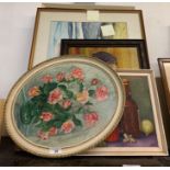 OVAL FRAMED OIL ON BOARD OF ROSES TOGETHER WITH OTHER FRAMED PICTURES