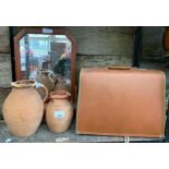 TERRACOTTA JUGS, CASED SEWING MACHINE, SUITCASE & DRESSING TABLE MIRROR