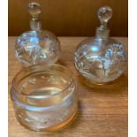 2 GLASS SCENT BOTTLES & JAR IN THE STYLE OF MARY GREGORY