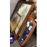 MID CENTURY MIRROR, ANOTHER MIRROR & FRAMED PICTURES/PRINTS