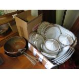 QUANTITY OF POLISH CHODZIEZ CERAMICS ALONG WITH 2 COPPER FRYING PANS & 1 COPPER SAUCEPAN