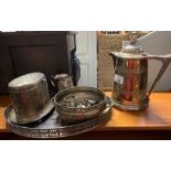 SILVER PLATED LIDDED JUG, TEA CADDY, TANKARD ETC