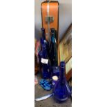 SUITCASE & COLLECTION OF BLUE GLASSWARE