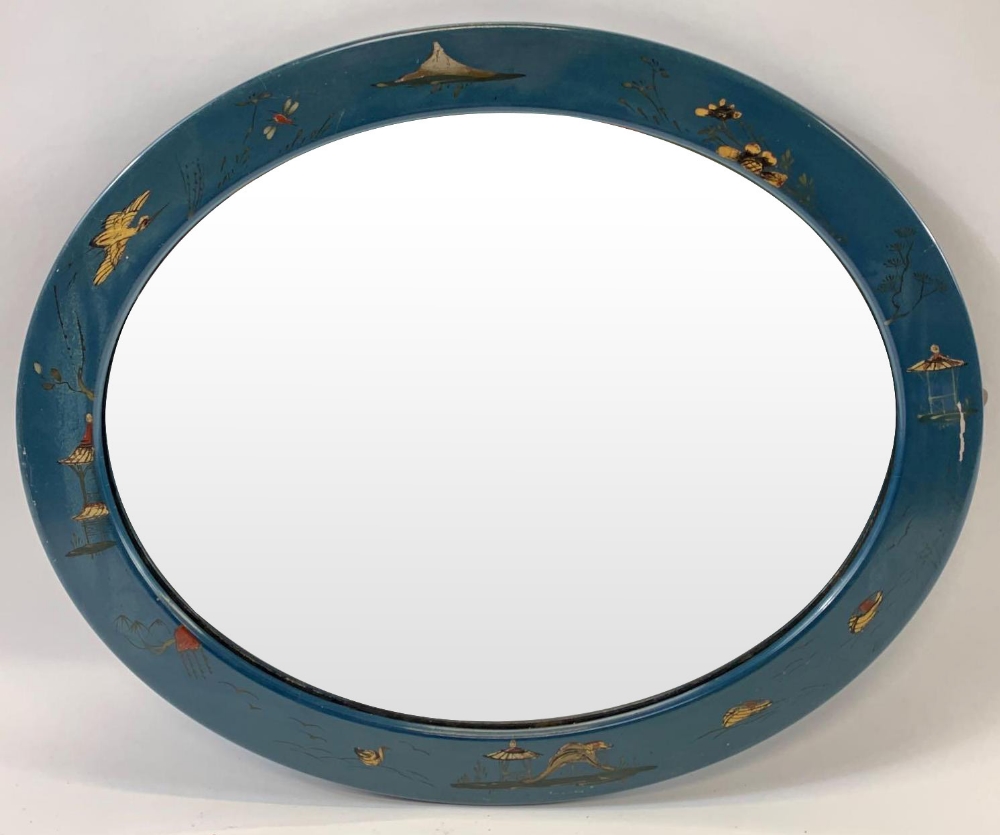 20th century blue oval chinoiserie mirror, 59.5cm x 49cm