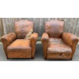 A pair of Art Deco leather moustache back club armchairs on oak legs, 82cm high, 80cm wide, 95cm