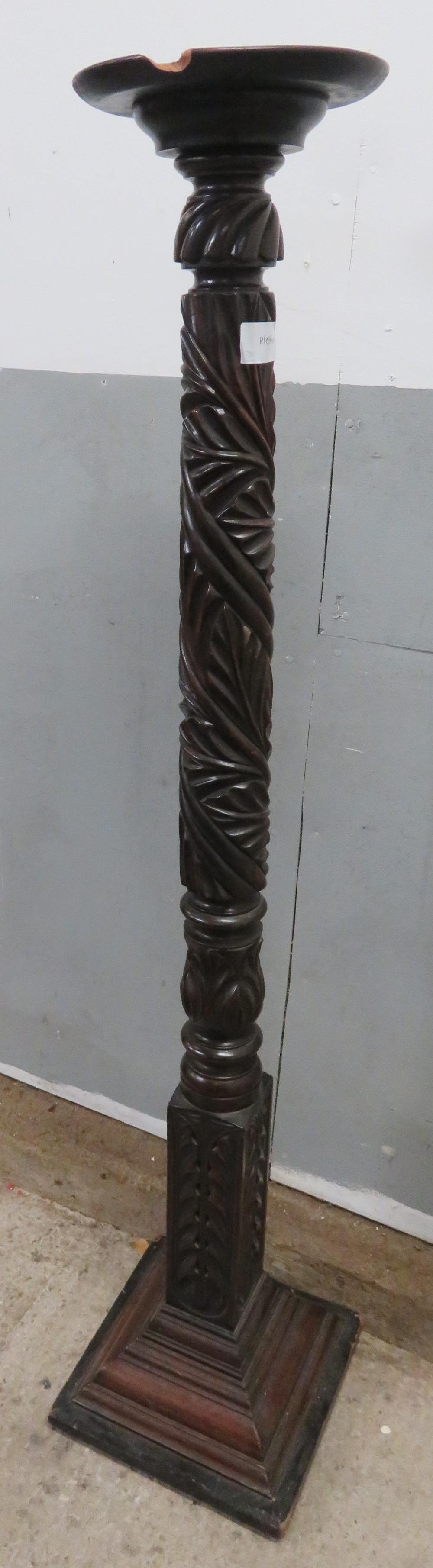 A Victorian carved mahogany and oak torchere on square stepped base, 153.6cm high