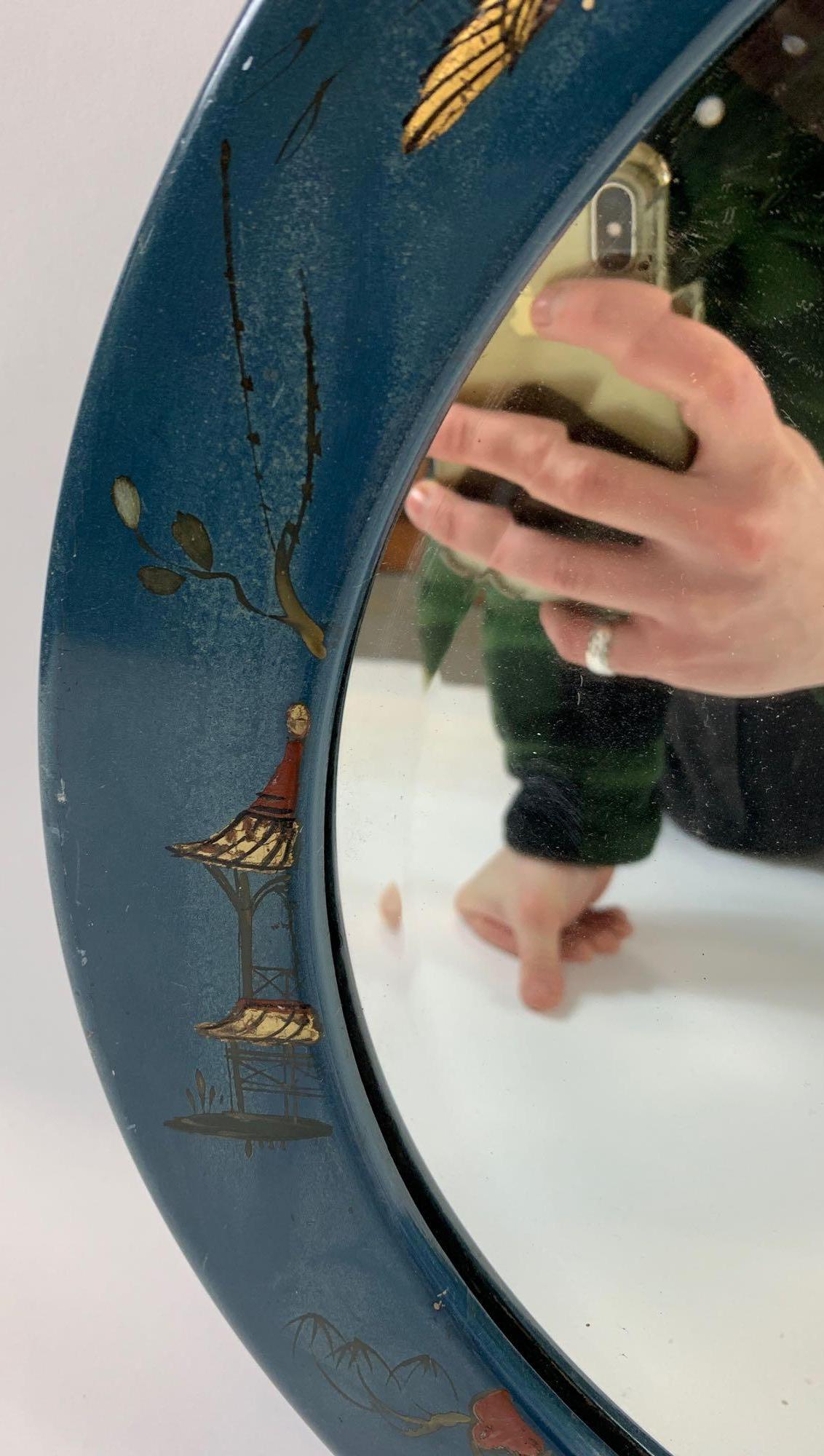 20th century blue oval chinoiserie mirror, 59.5cm x 49cm - Bild 3 aus 5