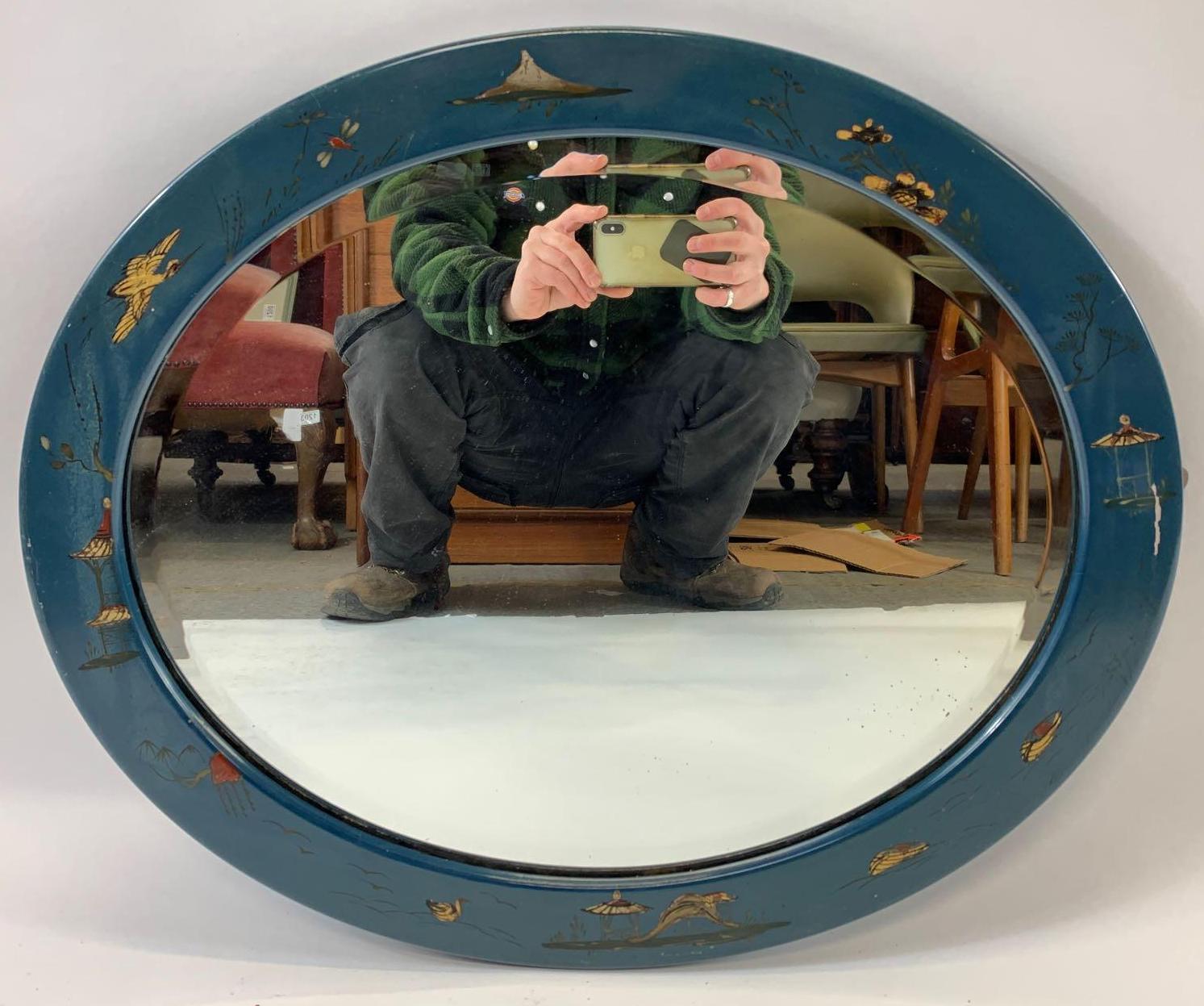 20th century blue oval chinoiserie mirror, 59.5cm x 49cm - Bild 2 aus 5