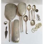 A silver hand mirror, with matching hair brush and clothes brush; a Georgian silver fork; four