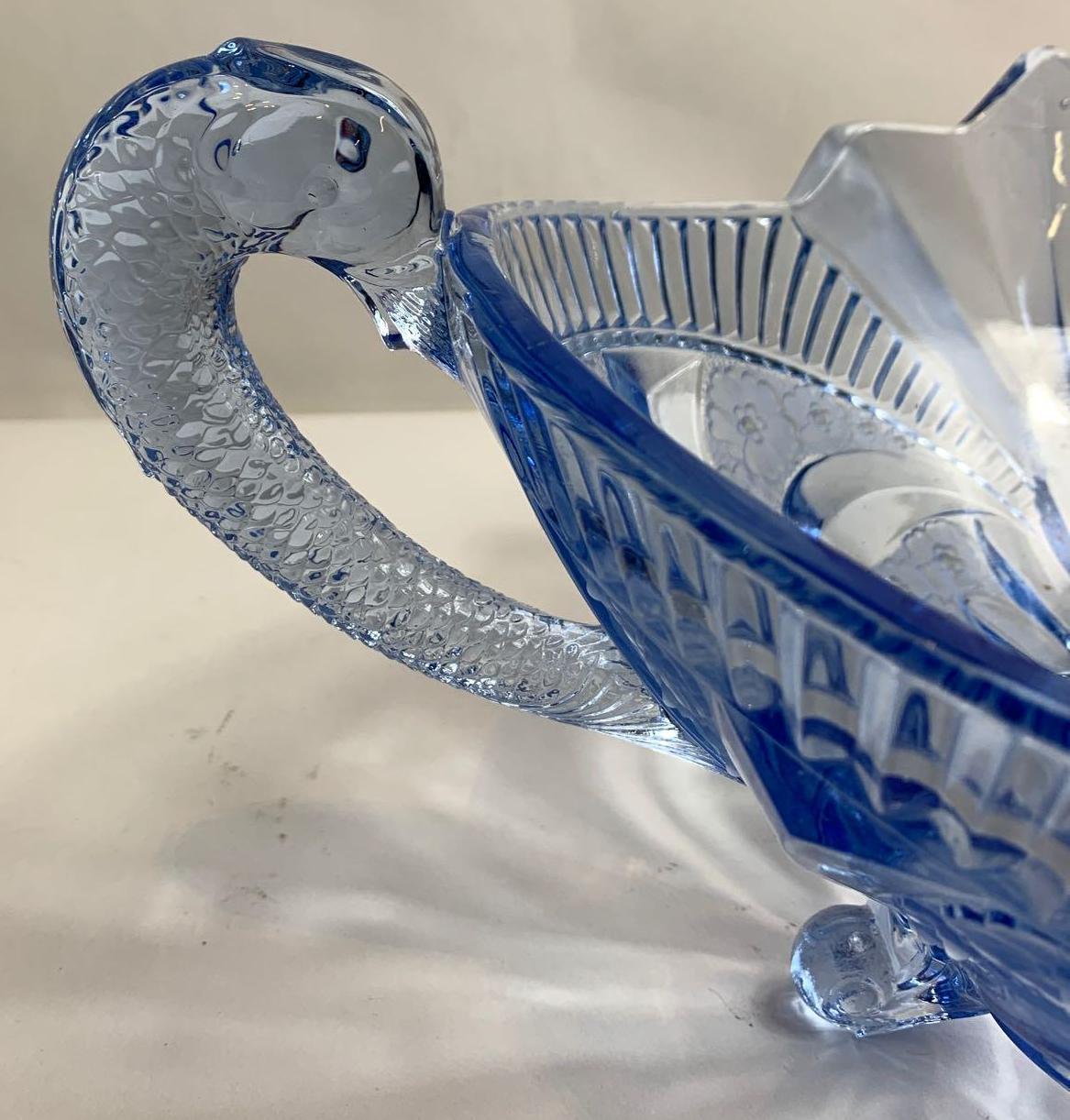 An Art Deco moulded blue glass centre piece, with fish handles standing on four scrolled feet, - Bild 5 aus 6