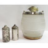A Victorian silverplated mounted glass biscuit barrel, the frosted glass body with a hinged handle
