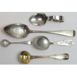 A child's Old Mother Hubbard spoon, Glasgow 1931; a Victorian silver salt spoon; a small salt spoon;