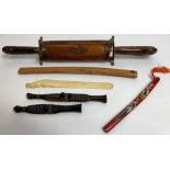 An early 20th century ivory paper opener, along with miniature samurai sword and other items