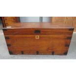 An early Victorian mahogany travelling trunk, with metal banded sides and corners, vacant plaque