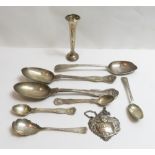 A matched pair of silver tablespoons; a Georgian silver tablespoon; a pair of silver egg spoons; two