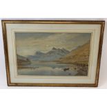 19th century English School, Figure on a boat with mountainous landscape beyond, watercolour, signed