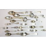 A matched set of antique silver fiddle and thread pattern flatware, various makers and dates,