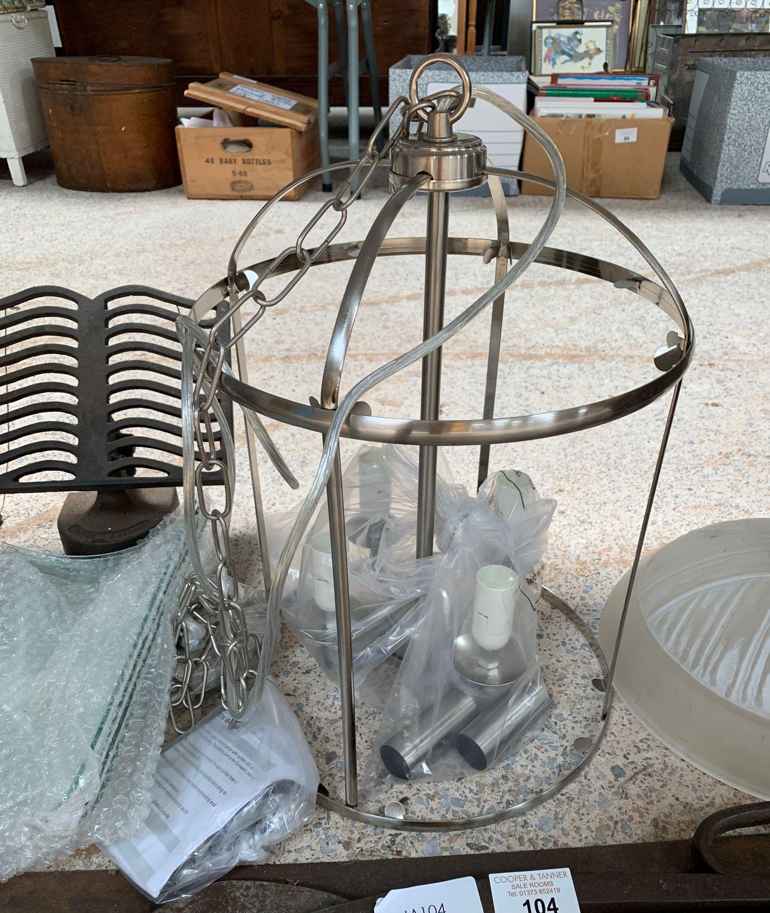 Metal hanging light shade, cast iron book stand, h - Image 2 of 4