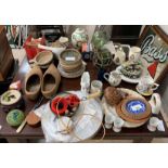 Collection of items to include wooden clogs, Masons ginger jar