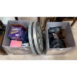 2 dart boards, box of tools & box of cycle lights,