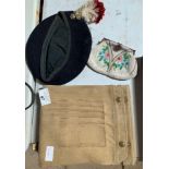 Hessian bag, beaded purse/handbag & beret. Viewing