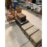 2 vintage British Legion metal trunks, 4 dining chairs