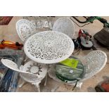 Modern white painted metal garden table & 4 chairs with cushions.