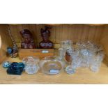 Glassware, box of dominos, African figures, paperw