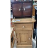 Pine bedside cabinet & mahogany cupboard.