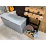 Plastic garden storage box, work bench, tools etc
