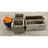 2 square concrete planters, 2 rectangular concrete