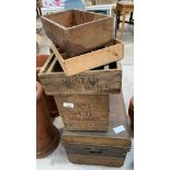 Tin trunk & wooden advertising boxes. Viewing/coll