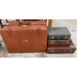 Large vintage leather suitcase & 3 smaller suitcases.