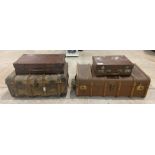 2 vintage brown leather suitcases & 2 trunks.