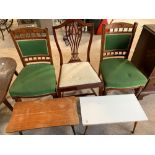 3 various dining chairs & 2 small retro coffee/occasional tables