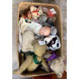 Wicker basket containing teddy bears, porcelain do
