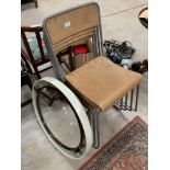 Mid to late 20th century round mirror & 4 school chairs.